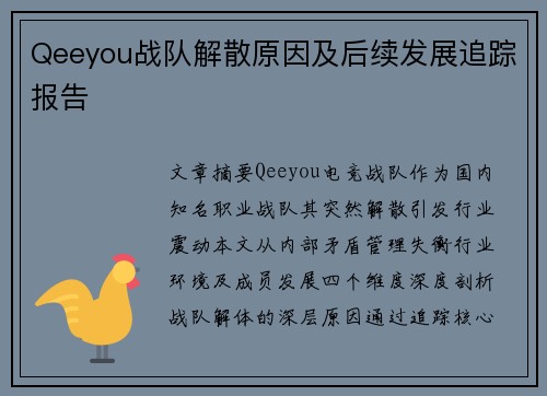 Qeeyou战队解散原因及后续发展追踪报告