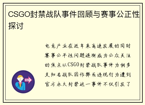 CSGO封禁战队事件回顾与赛事公正性探讨